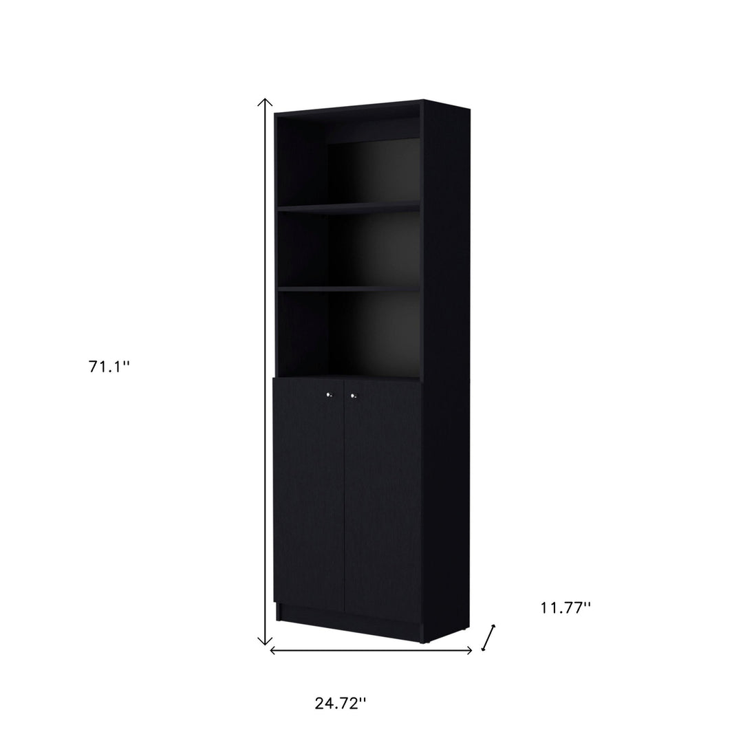 71" Black Five Tier Bookcase with Two doors