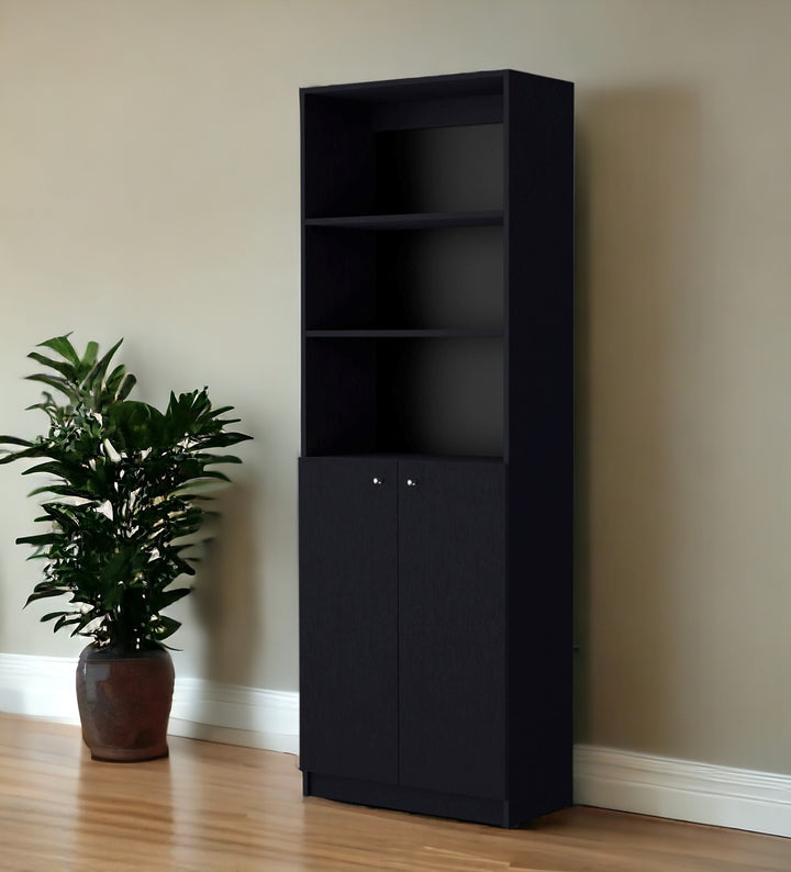 71" Black Five Tier Bookcase with Two doors