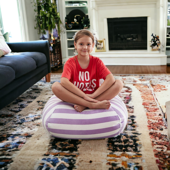 32" Gray and White Microfiber Round Striped Pouf Cover