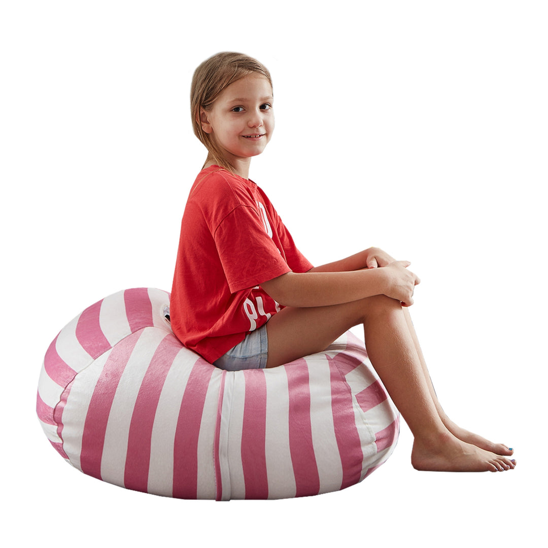 32" Gray and White Microfiber Round Striped Pouf Cover