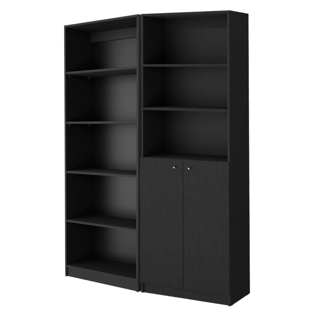 Set of Two 71" Black Five Tier Bookcase With Two Doors