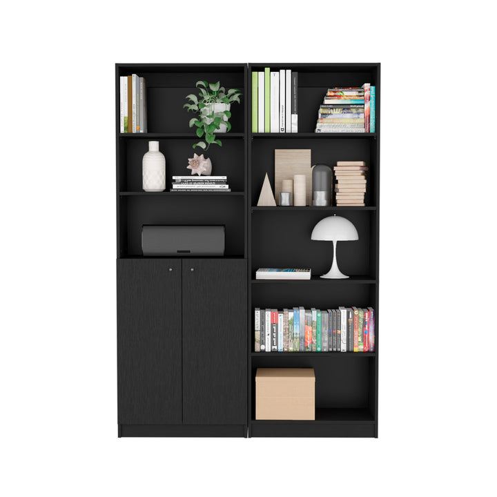 Set of Two 71" Black Five Tier Bookcase With Two Doors