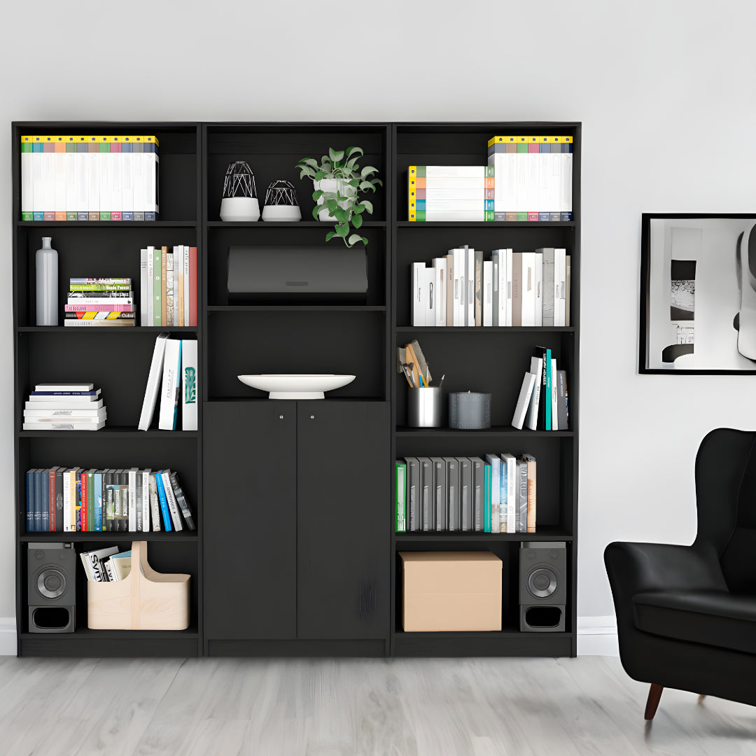 71" Black Five Tier Bookcase with Two doors