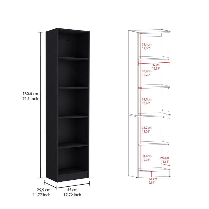 71" Black Five Tier Bookcase with Four Doors