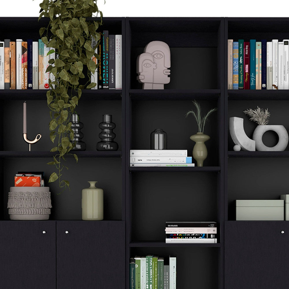 71" Black Five Tier Bookcase with Four Doors