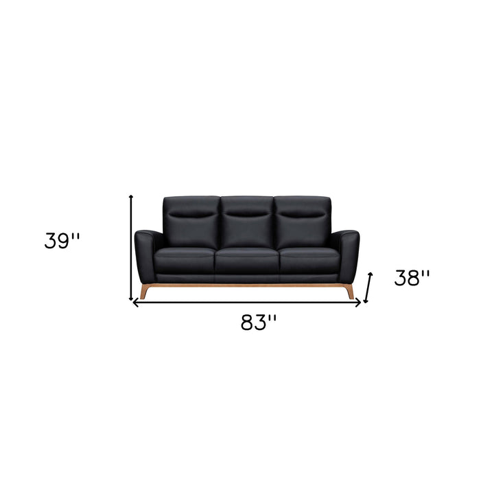 83" Black Leather Sofa With Brown Legs