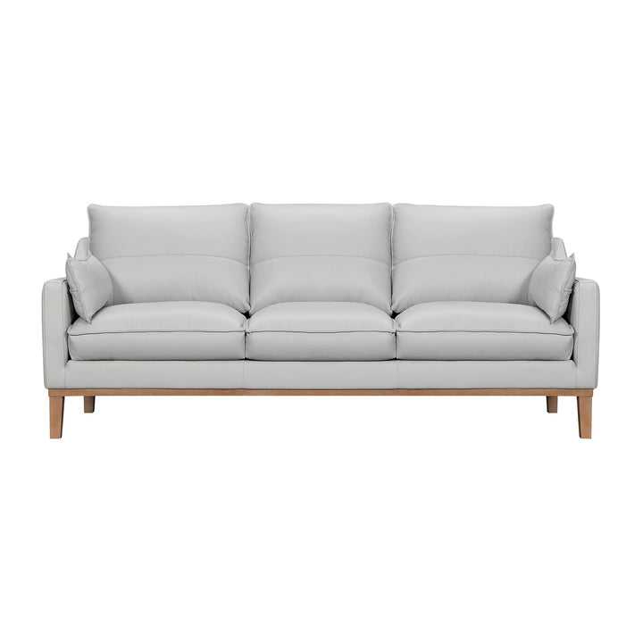 87" Gray Leather Sofa And Toss Pillows With Brown Legs