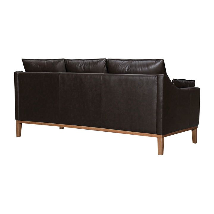 87" Dark Brown Leather Sofa And Toss Pillows With Brown Legs