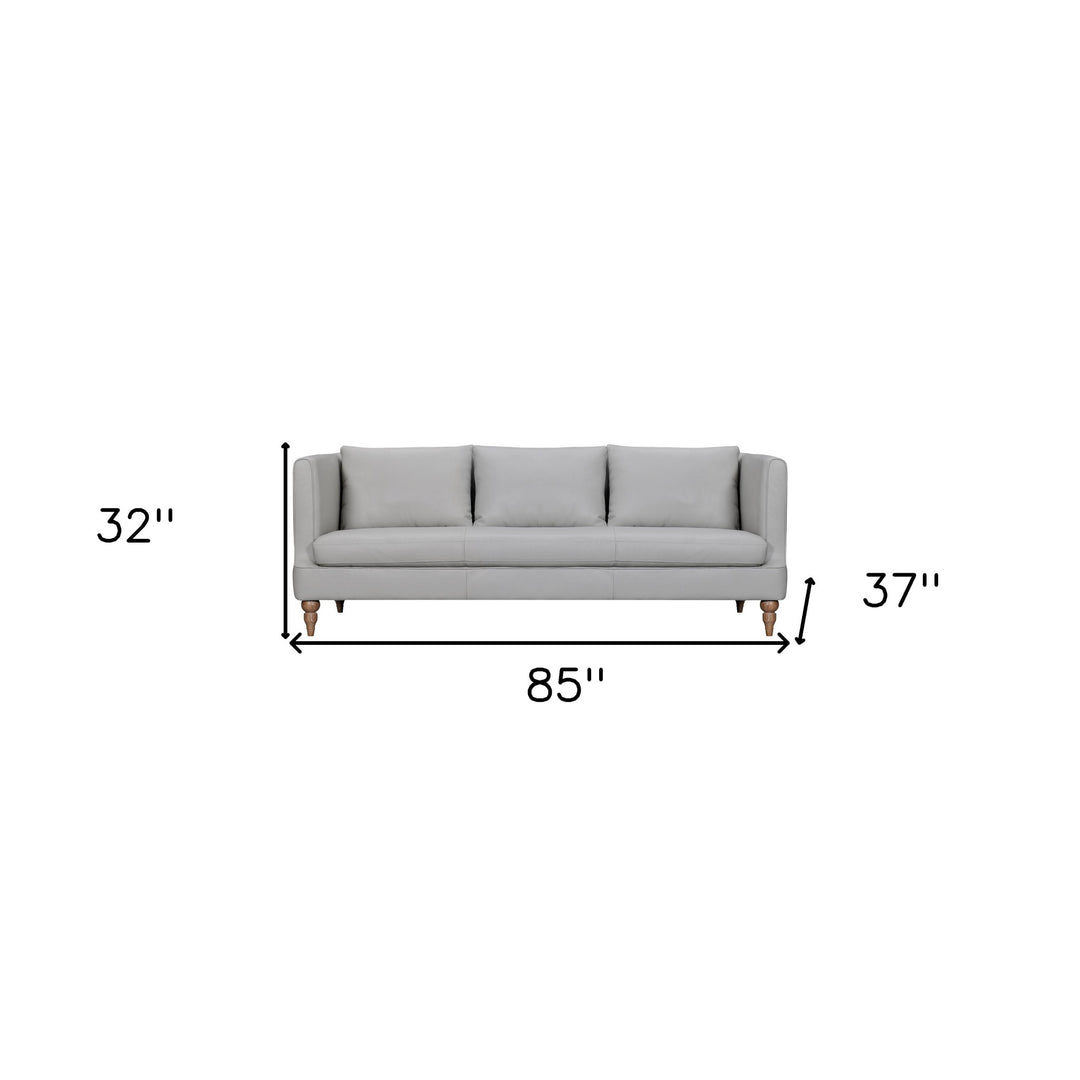 85" Gray Leather Sofa With Brown Legs