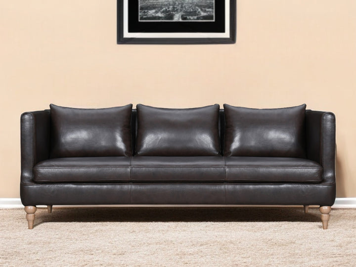 85" Dark Brown Leather Sofa With Brown Legs