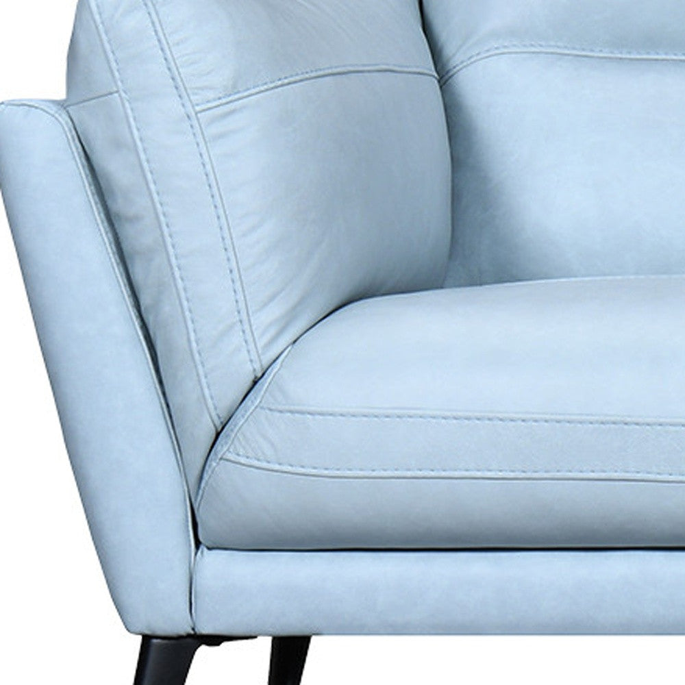 87" Sky Blue Leather Sofa With Black Legs