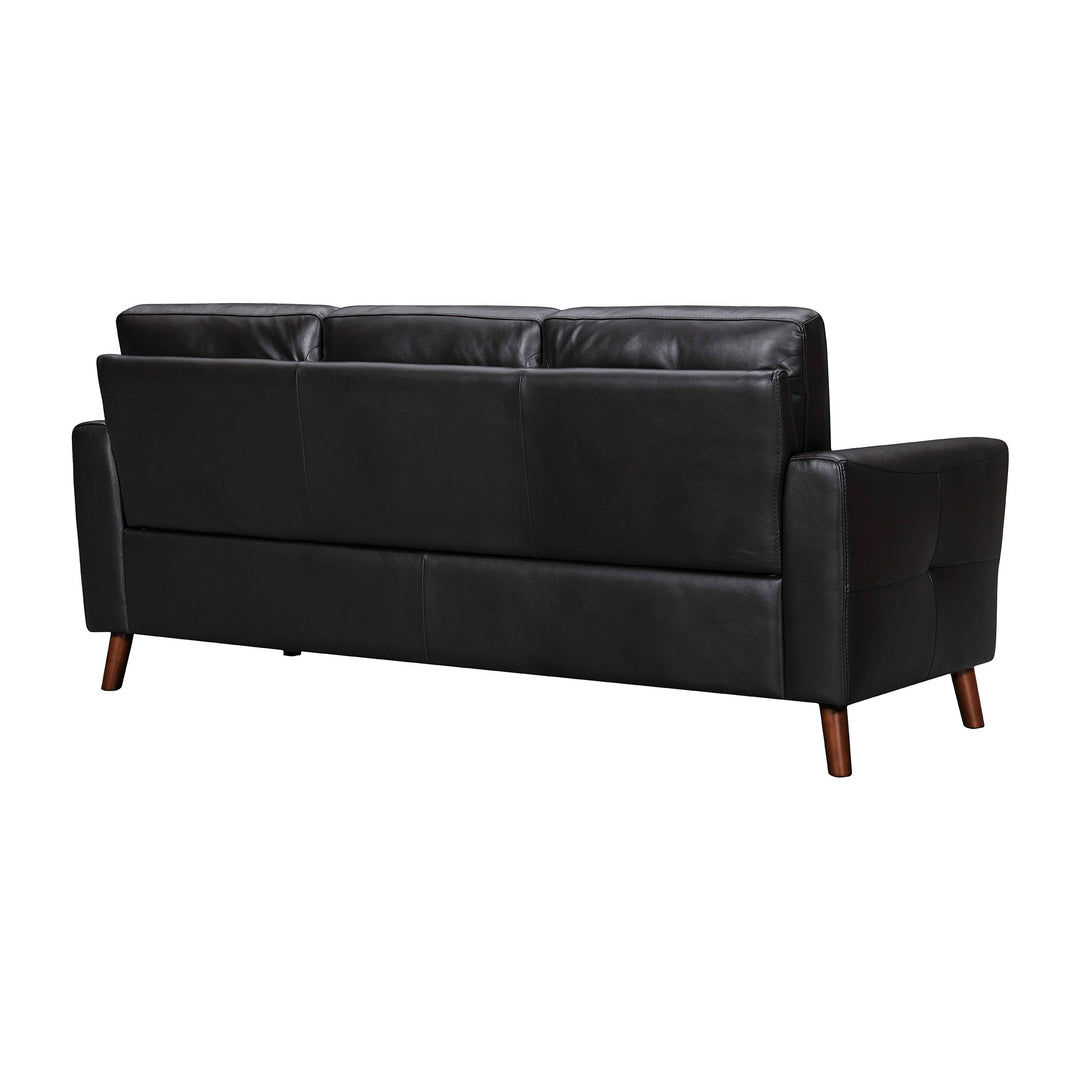 82" Black Leather Sofa With Brown Legs