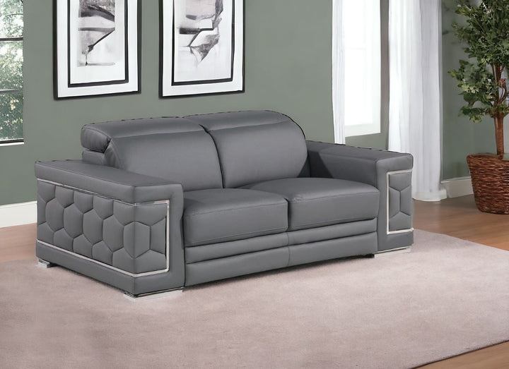 71" Gray And Silver Genuine Leather Loveseat