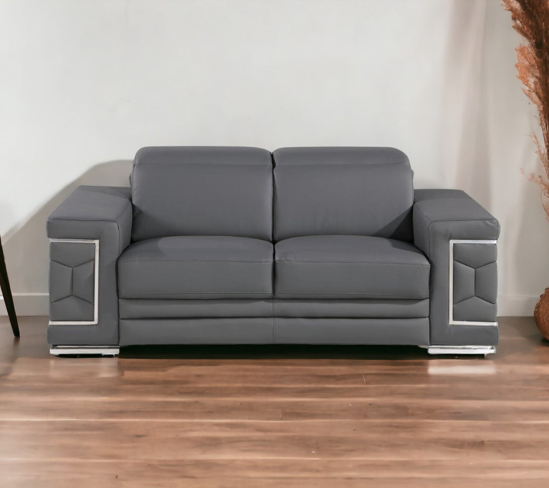 71" Gray And Silver Genuine Leather Loveseat