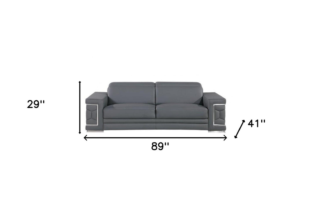 89" Gray Leather Sofa With Silver Legs