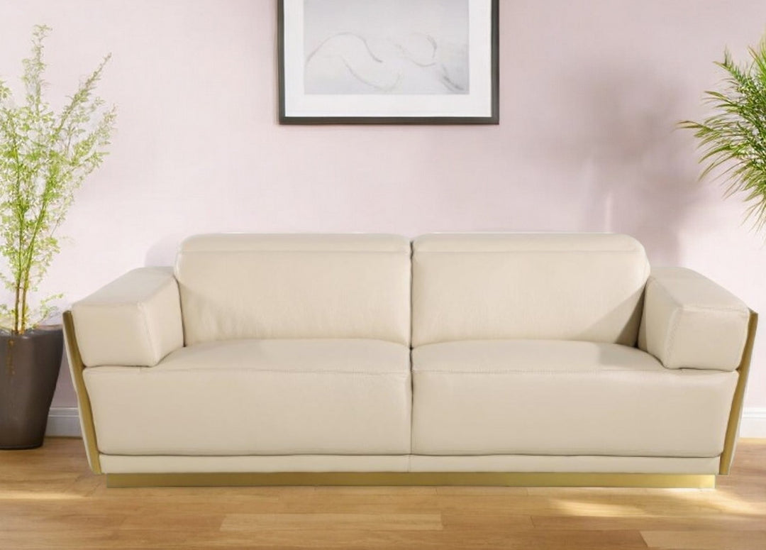 89" Beige And Gold Leather Sofa