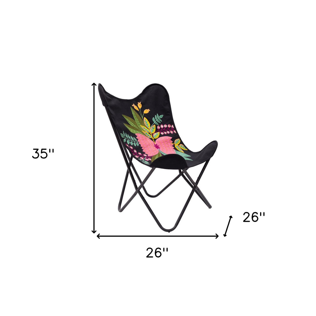 26" Black With Tropical Flowers Butterfly Chair