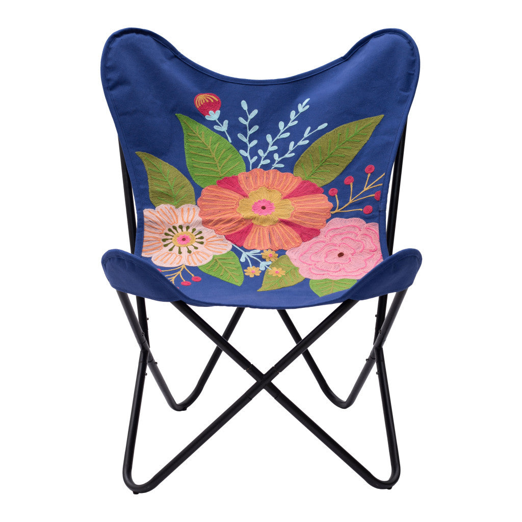 26" Blue And Black Tropical Oversized Flowers Butterfly Chair