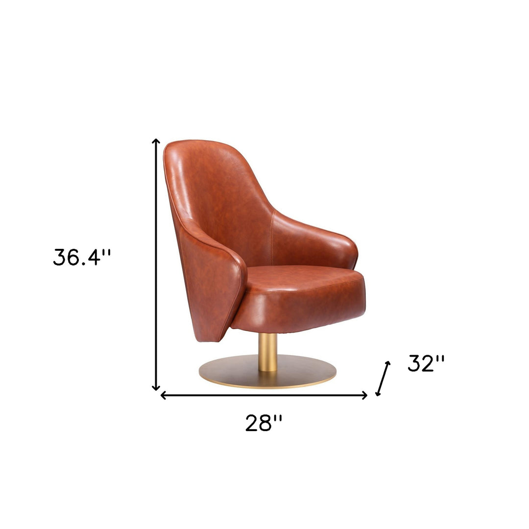 28" Brown And Gold Faux Leather Swivel Arm Chair